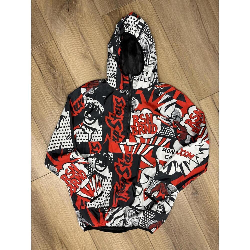Reason Jacket Mens Small Multicolor Comic Pop Art Hooded Windbreaker 1/4 Zip